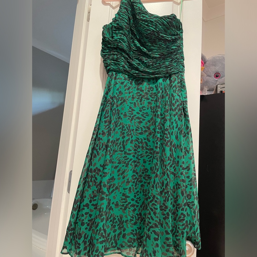 Halston Heritage one shoulder emerald dress